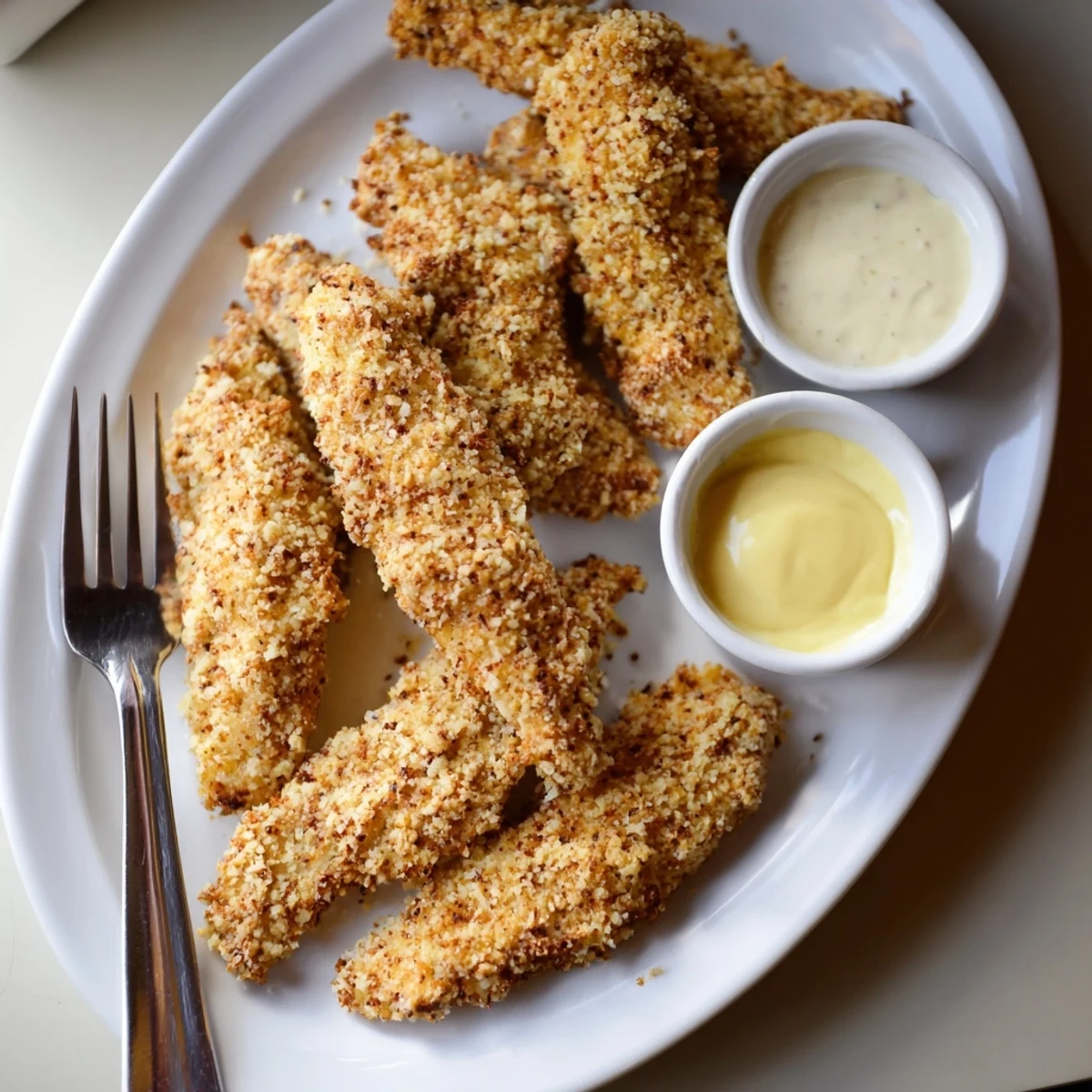 Tender chicken strips coated in seasoned panko, garnished with fresh parsley and served with honey mustard.