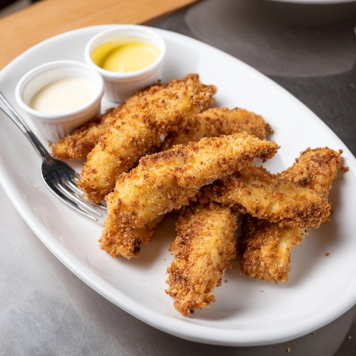 Crispy, golden Game Day Crispy Chicken Strips served hot, perfect for a game day snack or main dish.  