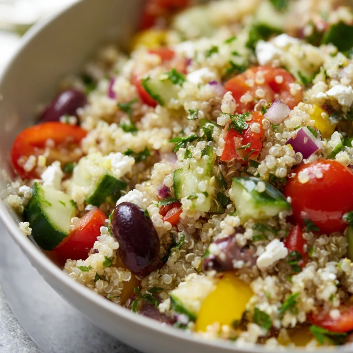 Vibrant Mediterranean Quinoa Salad with bright lemon-herb dressing, chopped parsley, and red onion, served chilled as a refreshing light lunch or a flavorful gluten-free side dish.