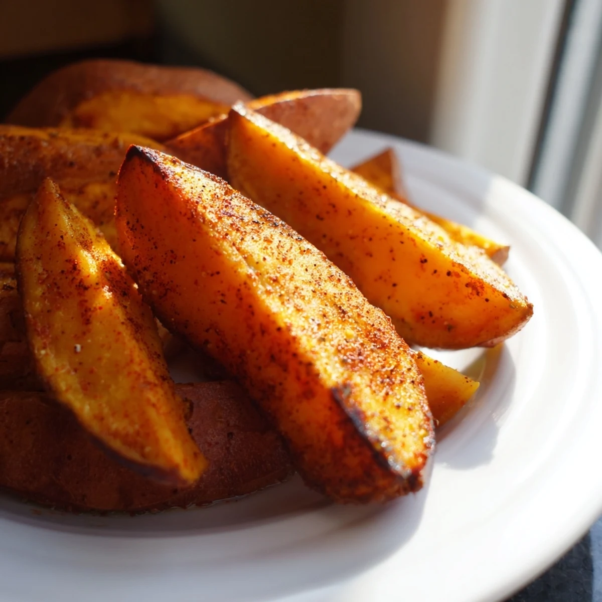 A close-up of Crispy Sweet Potatoes showcasing their golden edges and fluffy center, plated as a savory side dish.