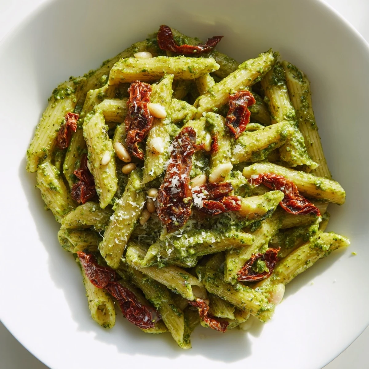 Freshly made Green Pesto Pasta with Sun-Dried Tomatoes garnished with basil and Parmesan on a rustic table.