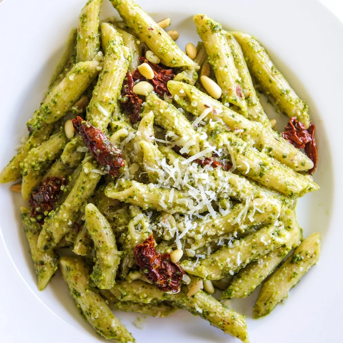 Close-up of Green Pesto Pasta with Sun-Dried Tomatoes in a white bowl, highlighting fresh basil and grated Parmesan.