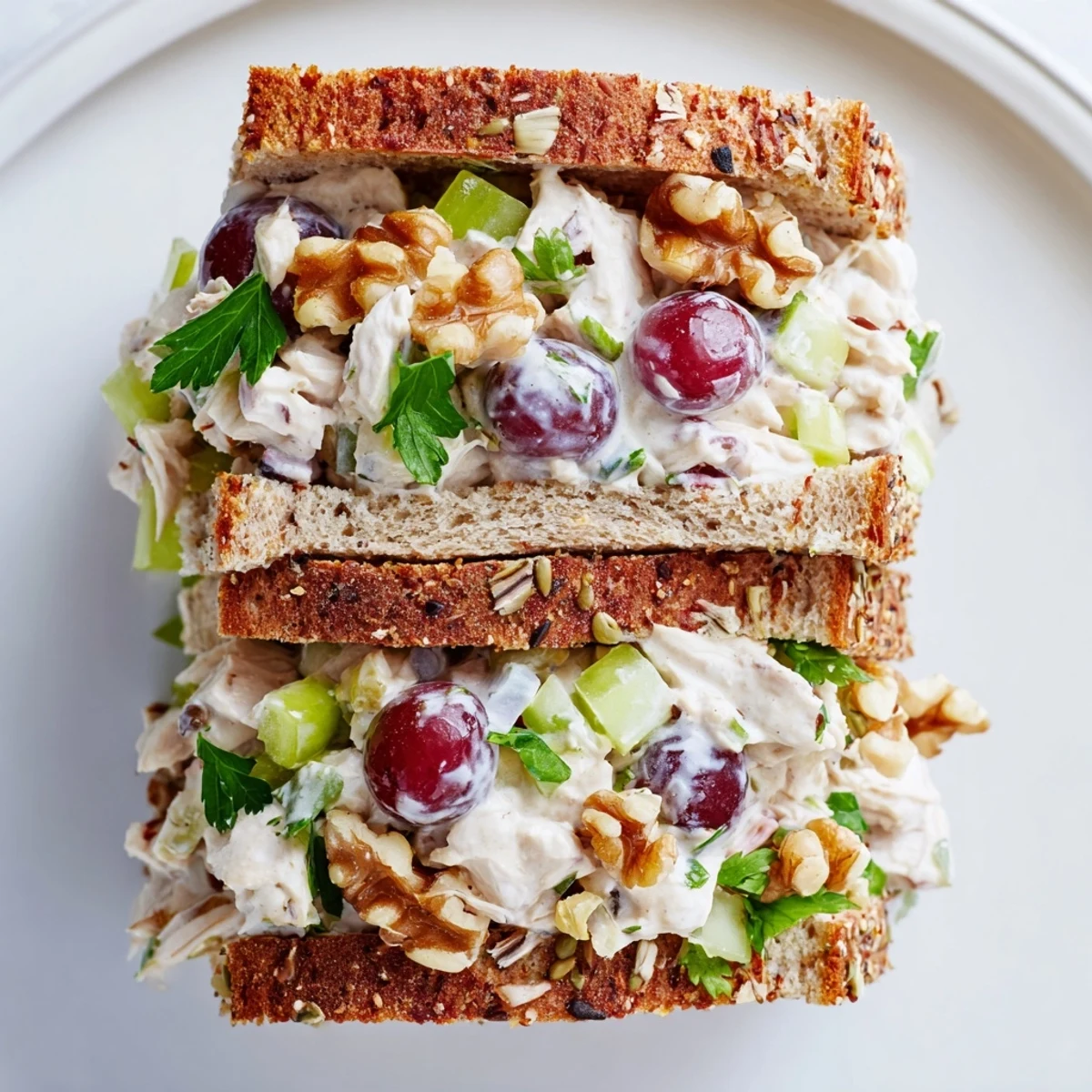 Toasted multigrain bread holds a creamy chicken salad with halved red grapes and crunchy walnuts.