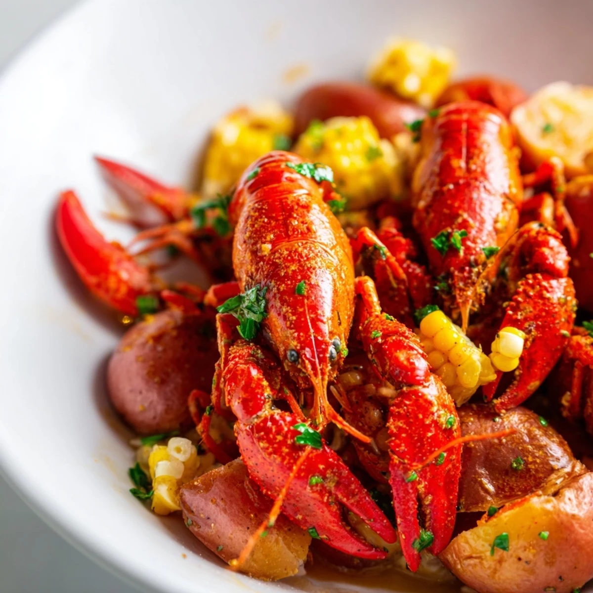 A close-up of Creole Crawfish Boil with Corn and Potatoes, featuring bright red crawfish, golden corn, and halved red potatoes on a newspaper-lined table.  