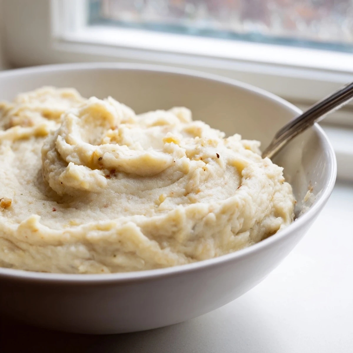 Savory ground beef and veggies topped with creamy cauliflower mash in a baked dish, ready to serve.
