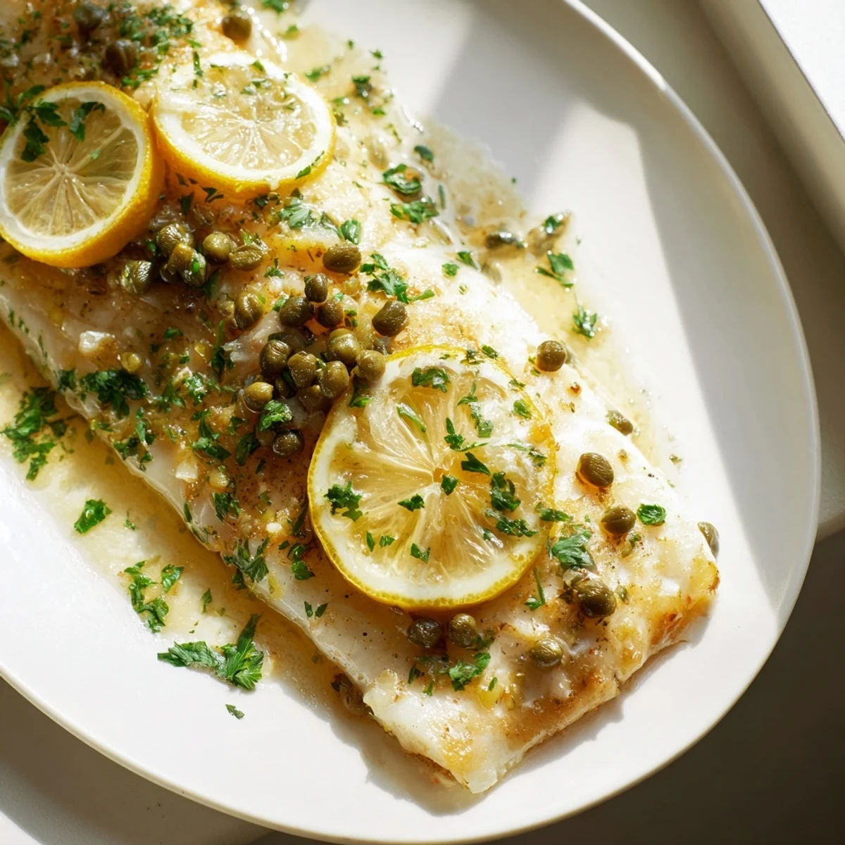 The baked halibut fillets are topped with bright lemon slices and briny capers in a white ceramic baking dish.