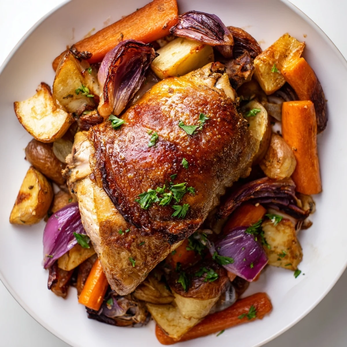 A close-up of tender Turkey Pan Roast surrounded by caramelized carrots, parsnips, and potatoes.