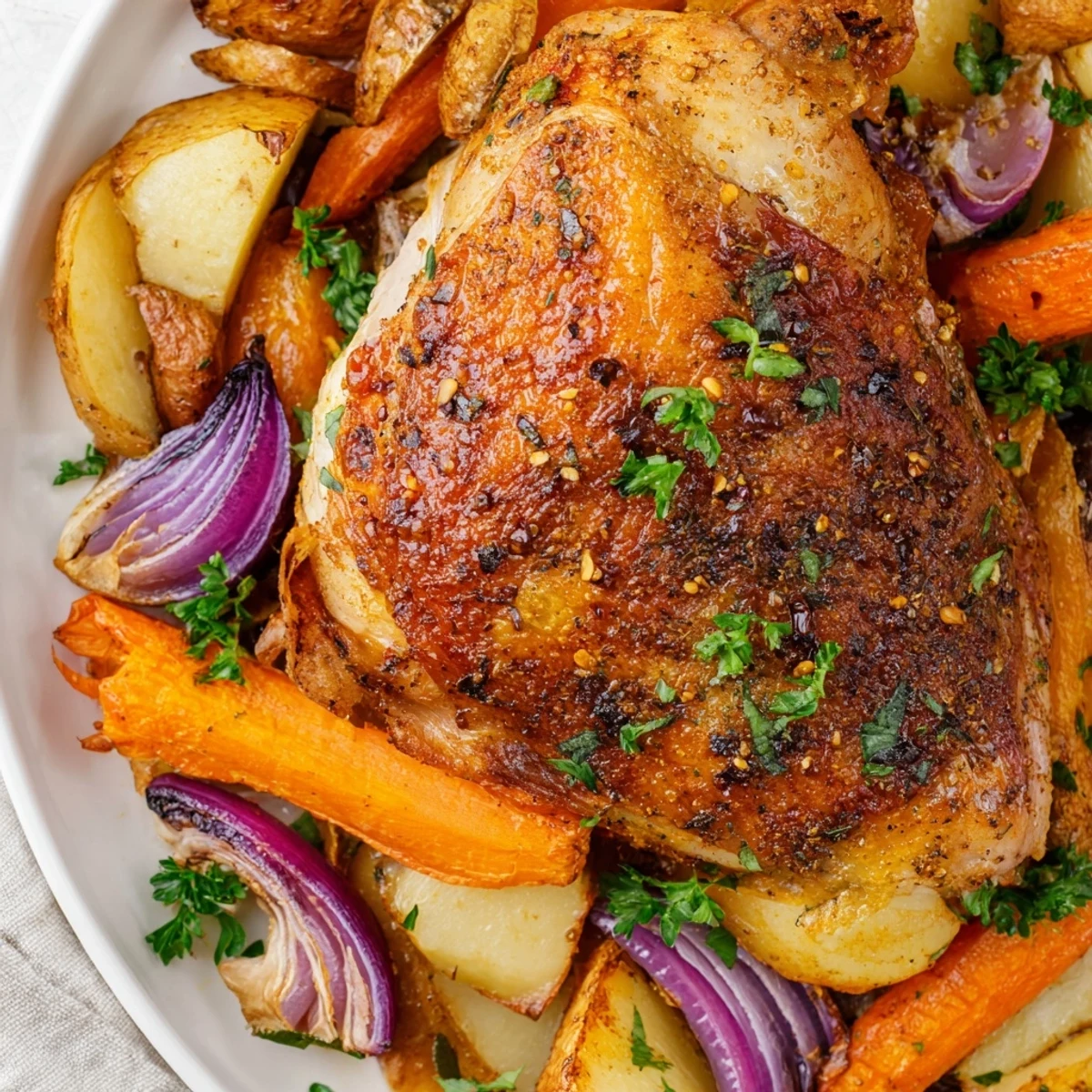 Golden-brown Turkey Pan Roast with vegetables on a rustic platter, garnished with fresh parsley.