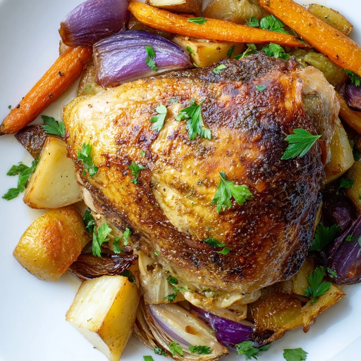 Hearty Turkey Pan Roast with juicy meat and glazed vegetables, perfect for a family dinner.