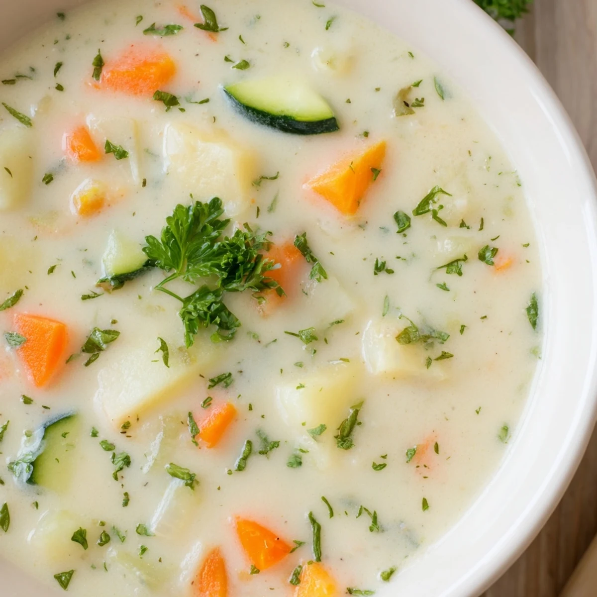 A comforting bowl of creamy vegetable soup garnished with fresh parsley, paired with a thick slice of rustic bread on the side.