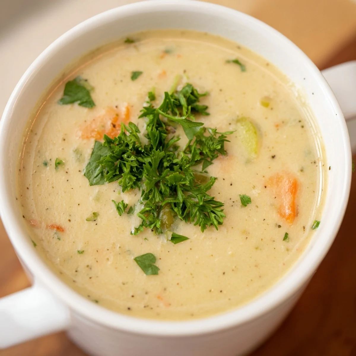 Close-up of velvety cream-based vegetable soup in a white bowl, ready to be enjoyed with golden, toasted rustic bread.