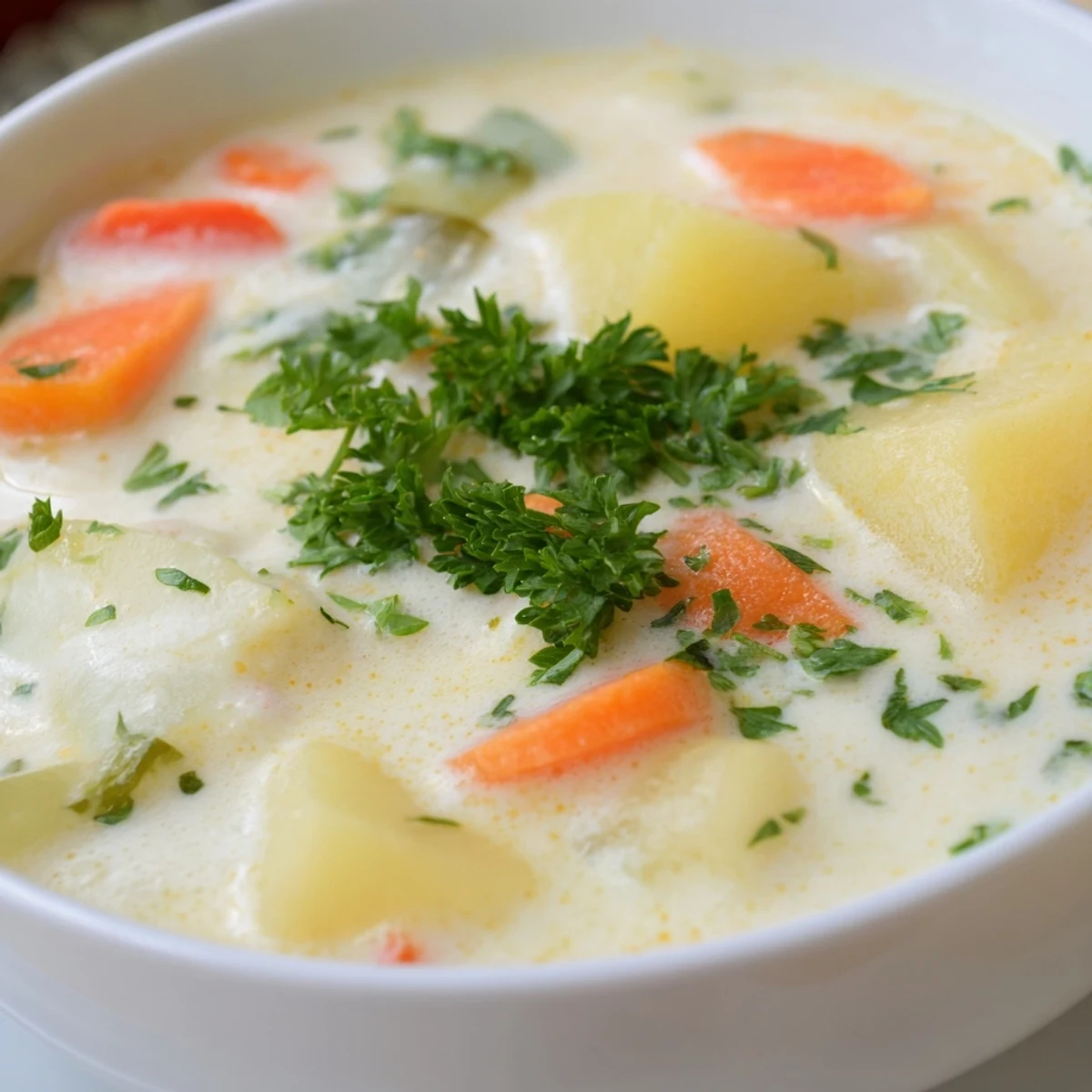Cozy, nourishing creamy vegetable soup served with warm rustic bread, perfect for a light lunch or chilly evening.