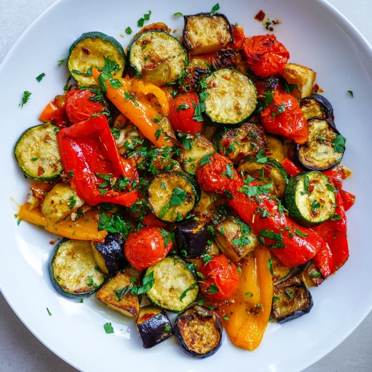 Golden-brown roasted vegetable medley pan with caramelized edges, fresh parsley, and a glossy balsamic glaze drizzle on a rustic platter.