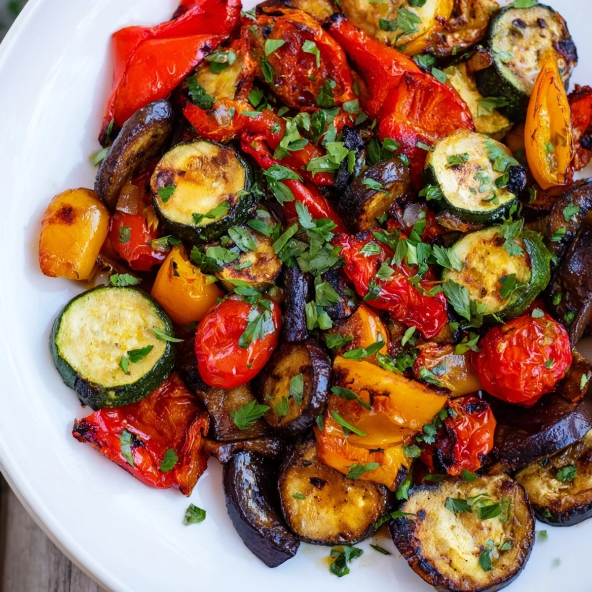 Colorful oven-roasted zucchini, bell peppers, and cherry tomatoes in the roasted vegetable medley pan, served warm alongside fluffy quinoa for a healthy vegan dinner.
