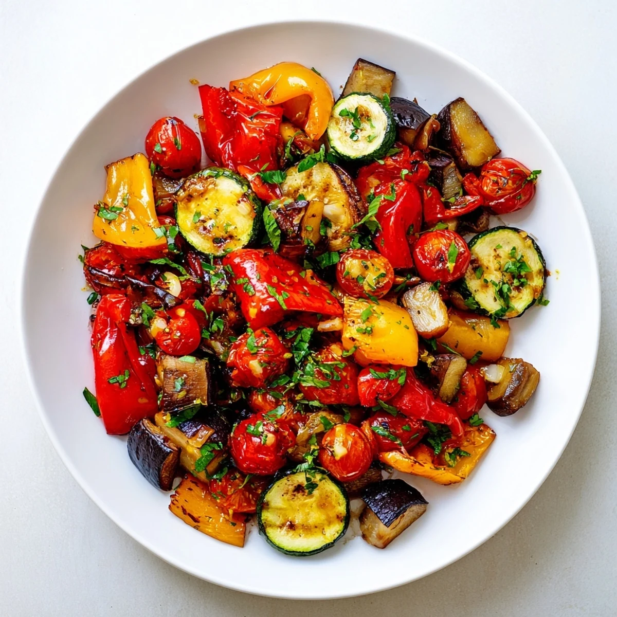 A vibrant roasted vegetable medley pan featuring tender eggplant, carrots, and red onion seasoned with oregano and thyme, perfect as a gluten-free side dish.