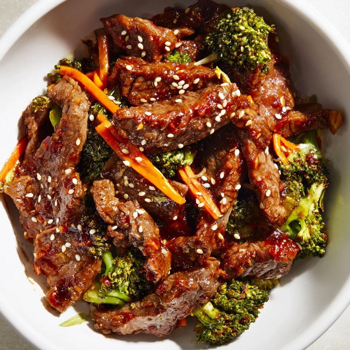 Freshly cooked Spicy Beef Dish Bowl featuring crisp broccoli, carrots, and a glossy, bold red sauce over white rice.