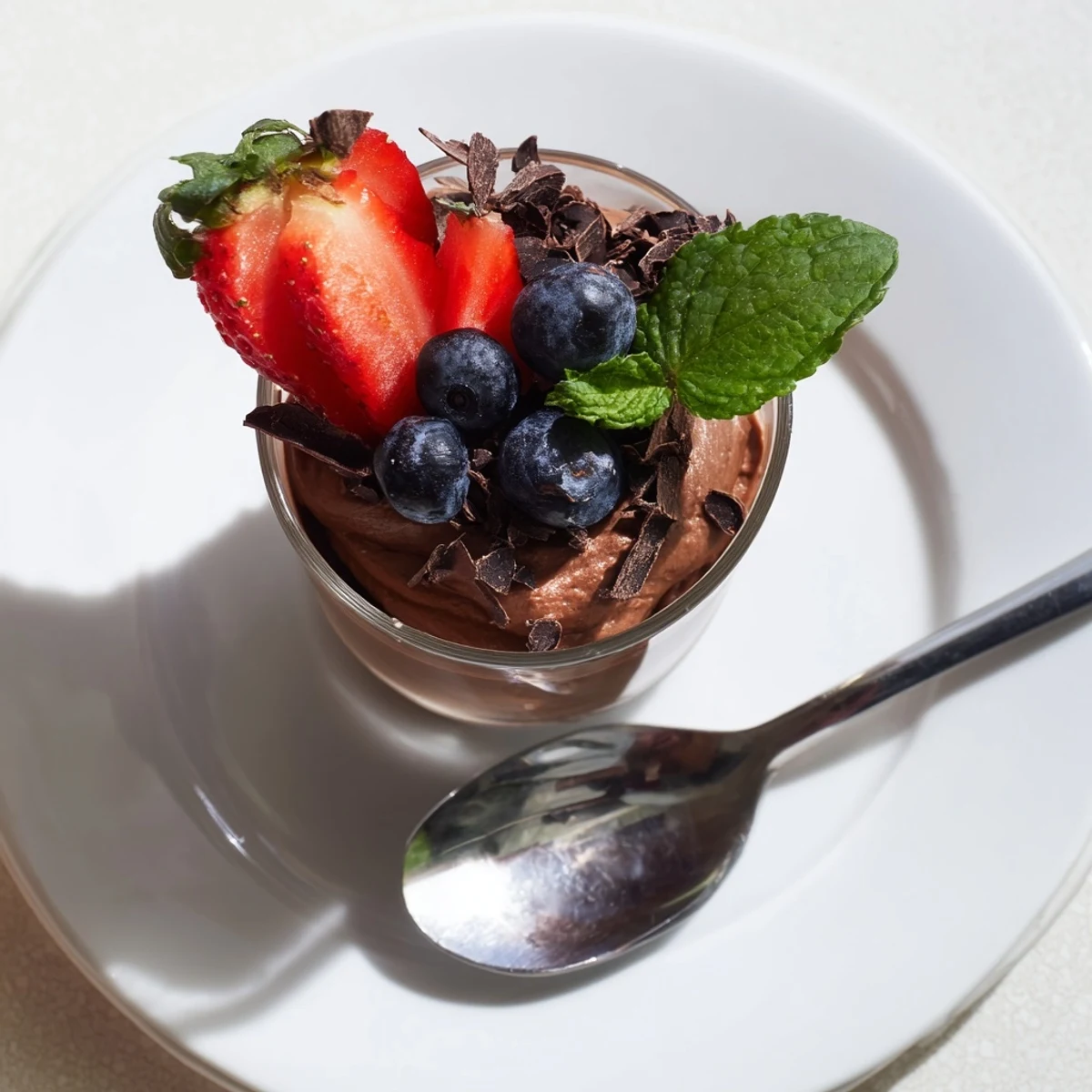 Velvety chocolate mousse fills crisp chocolate cups, garnished with fresh raspberries and mint for a luxurious treat.