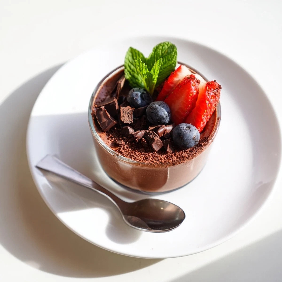 Rich dark chocolate cups hold airy mousse, topped with berries, ready to serve for special occasions.