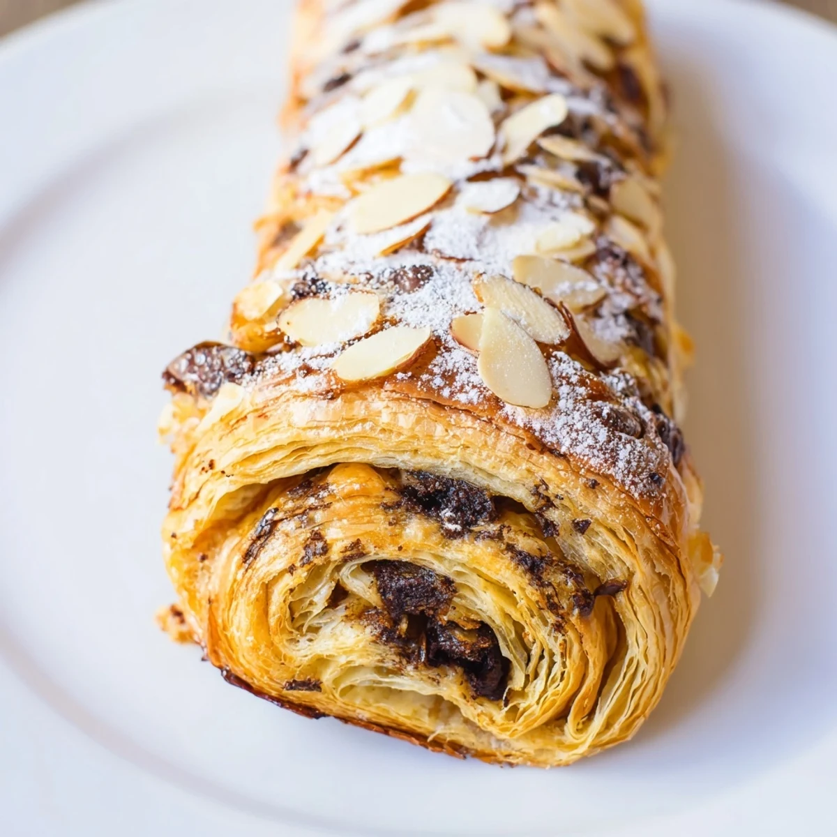Golden-brown chocolate breakfast pastry rolls cooling on a wire rack, showing flaky layers and powdered sugar dusting, perfect for a decadent breakfast or snack.