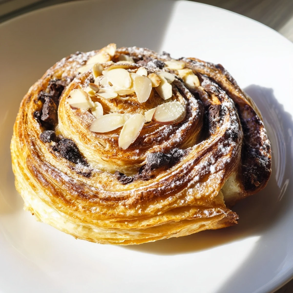 Warm chocolate breakfast pastry rolls with golden, flaky spirals and melted dark chocolate filling, ready to serve with coffee on a bright kitchen counter.