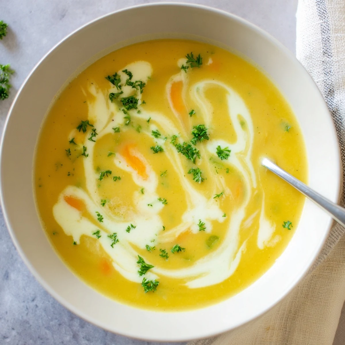 A warm bowl of Creamy Lunch Soup Bowl, garnished with fresh parsley, steaming gently in a ceramic dish.