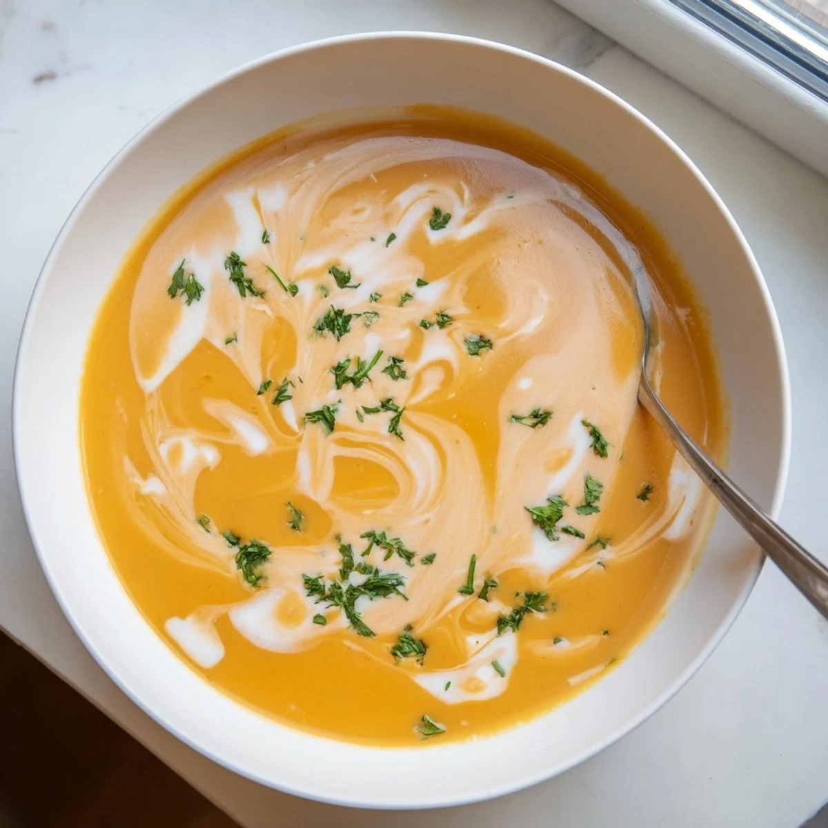 Enjoy Creamy Lunch Soup Bowl served with crusty bread on the side for a comforting vegetarian midday meal.