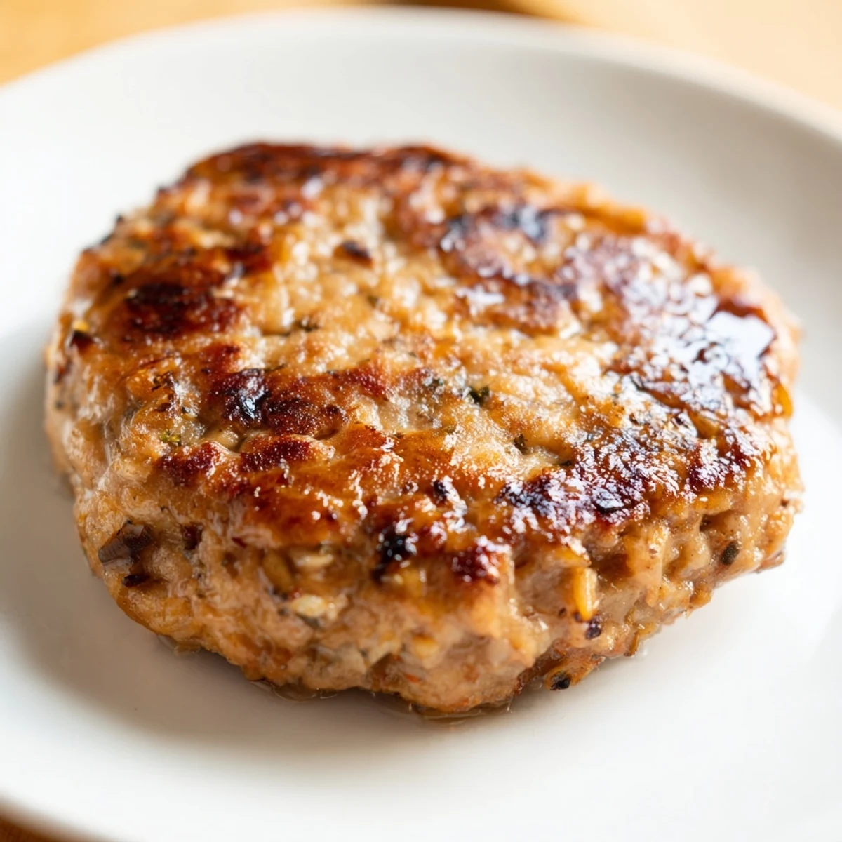 Golden-brown chicken breakfast sausage patties sizzling in a cast-iron skillet, seasoned with aromatic sage and thyme.  