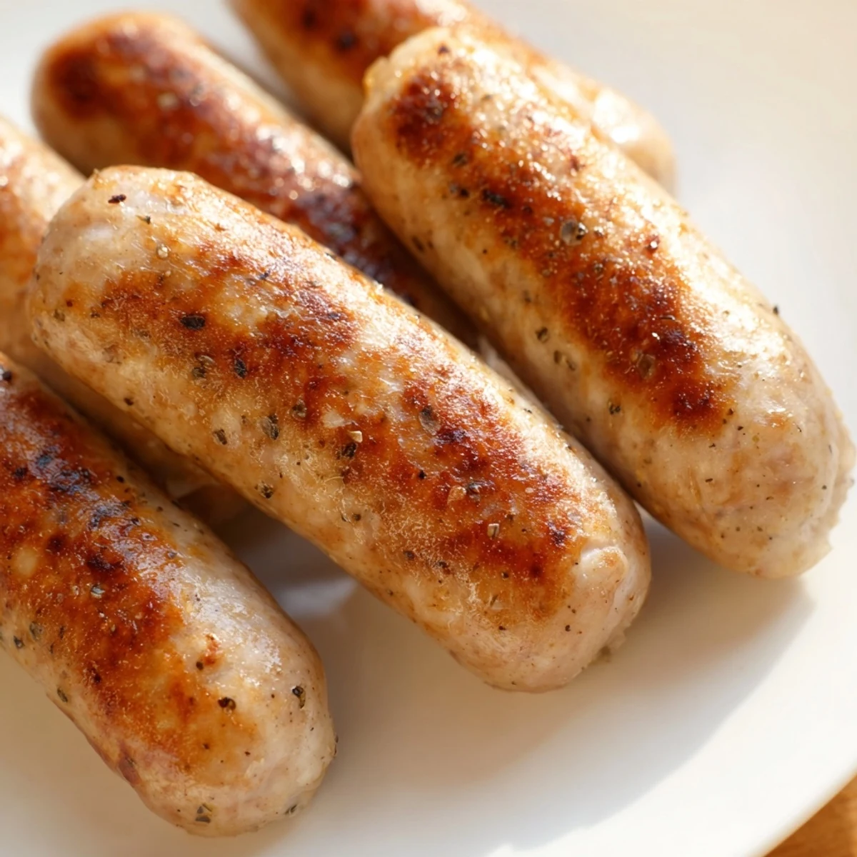Golden brown turkey breakfast sausage links sizzling in a skillet with fresh sage and thyme.