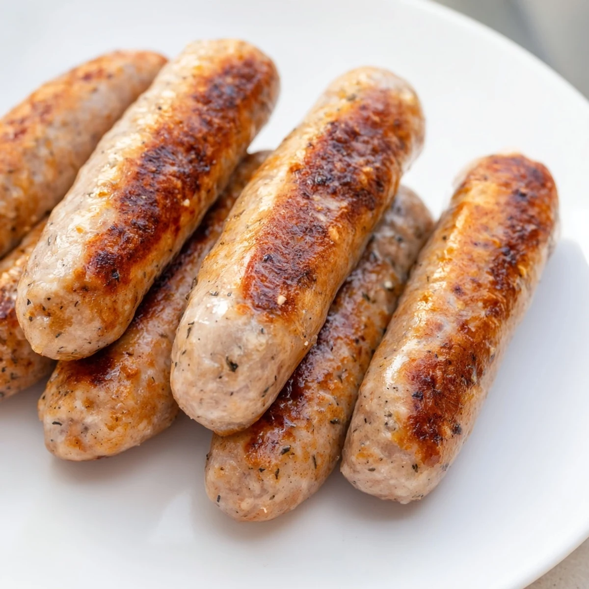 Homemade turkey breakfast sausage links served on a plate with scrambled eggs and toast.