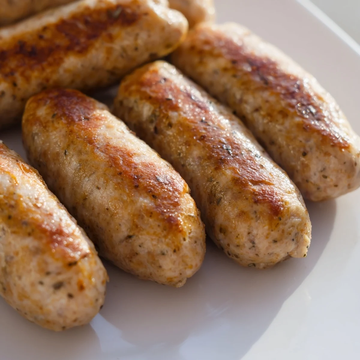 Seasoned turkey breakfast sausage links, juicy and aromatic, ready to be served for breakfast.