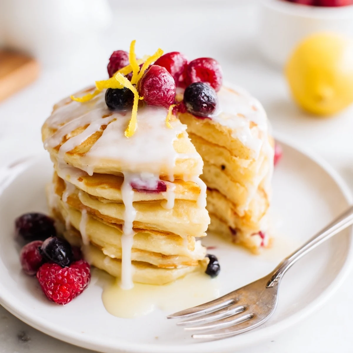 Golden-brown Lemon Breakfast Pancake Stack drizzled with tangy lemon glaze and topped with fresh blueberries.