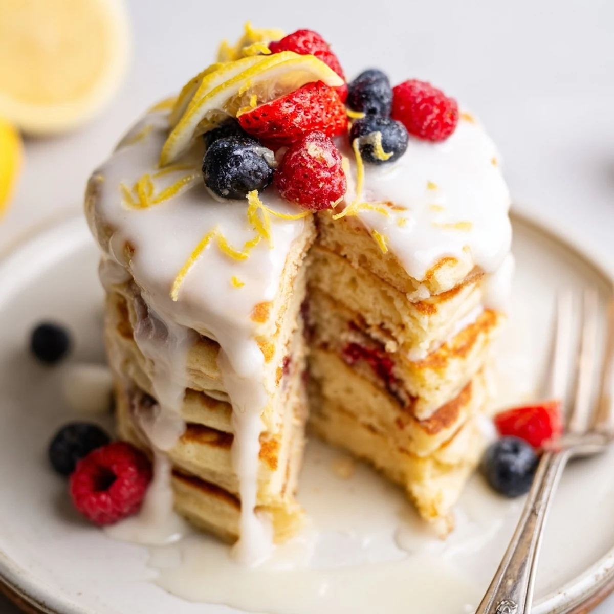 Stack of fluffy Lemon Breakfast Pancake Stack served with sweet maple syrup and a dollop of whipped cream.