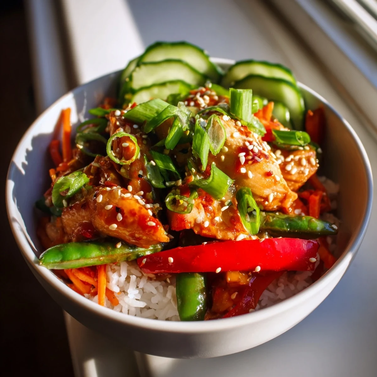 A vibrant bowl of Spicy Lunch Bowl Rice with tender chicken, crisp vegetables, and a glossy sriracha glaze.