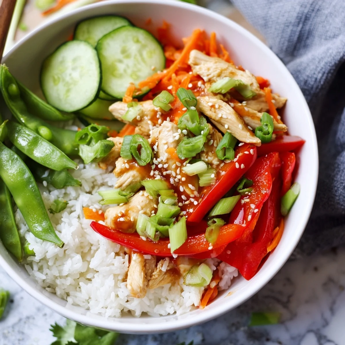 Savory Spicy Lunch Bowl Rice served in a white bowl with fresh cucumber, green onions, and sesame seeds.