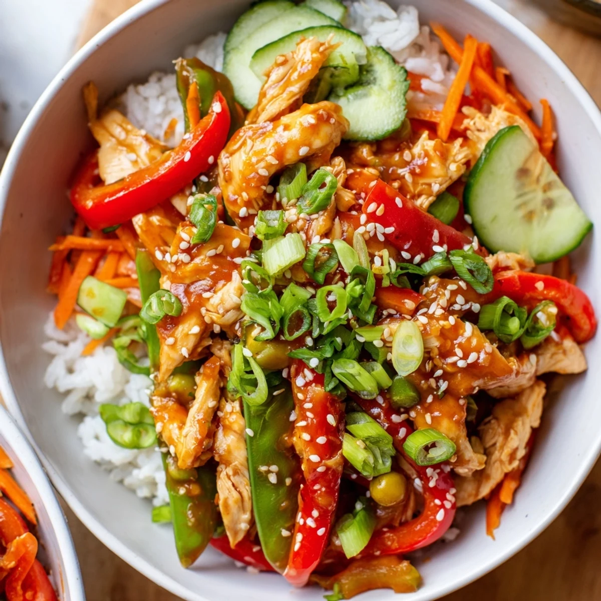 Colorful Spicy Lunch Bowl Rice featuring golden chicken, stir-fried vegetables, and a drizzle of spicy sauce for lunch.
