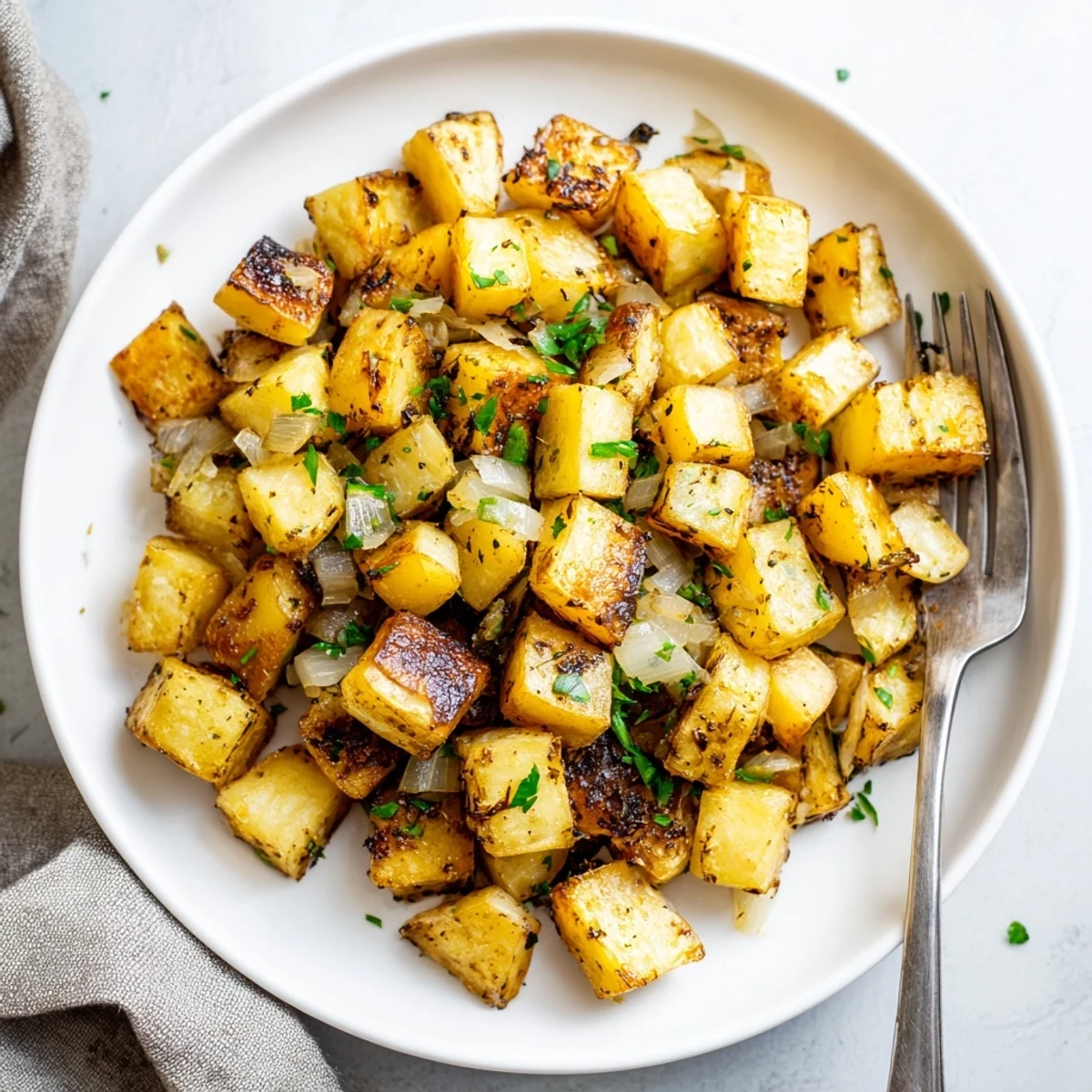 Golden, crispy Roasted Breakfast Potatoes with Fresh Herbs served beside a sunny-side-up egg.  