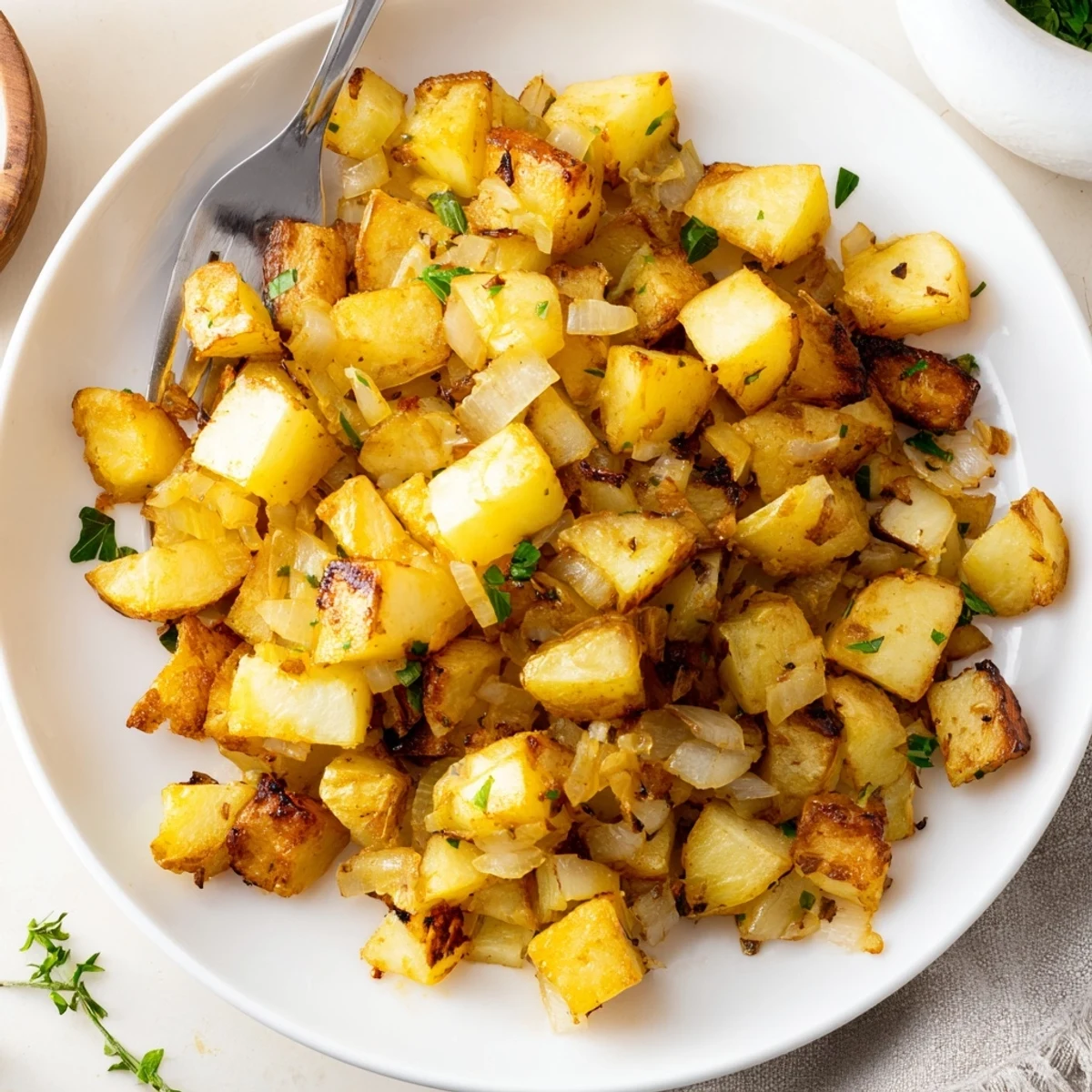 Hearty Roasted Breakfast Potatoes with Fresh Herbs, garnished with chives and parsley on a rustic plate.  