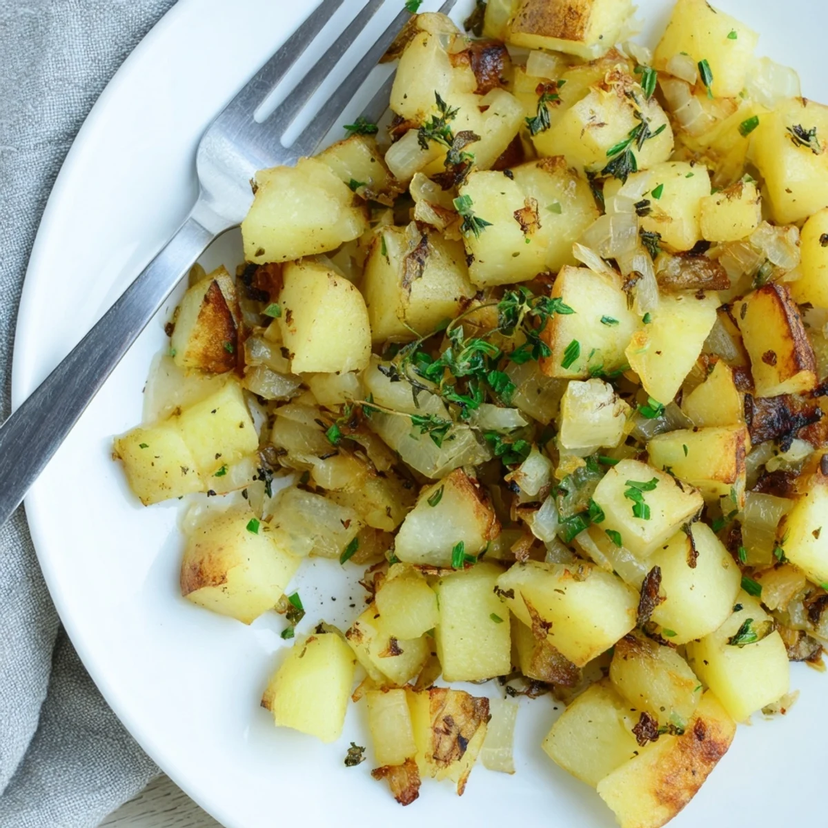 A close-up of golden-brown Roasted Breakfast Potatoes with Fresh Herbs and a sprinkle of paprika.