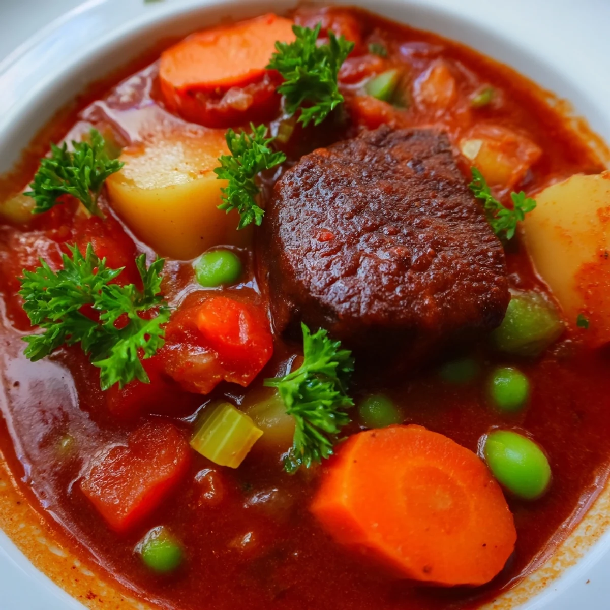 Winter Lunch Stew Bowl steaming in a rustic bowl, featuring tender beef chunks, carrots, and potatoes garnished with fresh parsley.