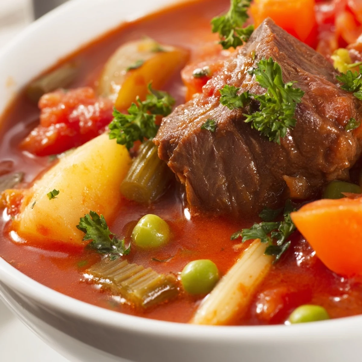 Hearty Winter Lunch Stew Bowl in a Dutch oven, showcasing savory broth with peas, herbs, and colorful vegetables ready to serve.