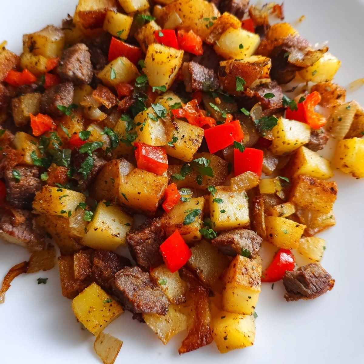 Golden crispy potatoes, tender diced beef, and vibrant bell peppers sizzling together in a hearty Beef Breakfast Hash skillet.