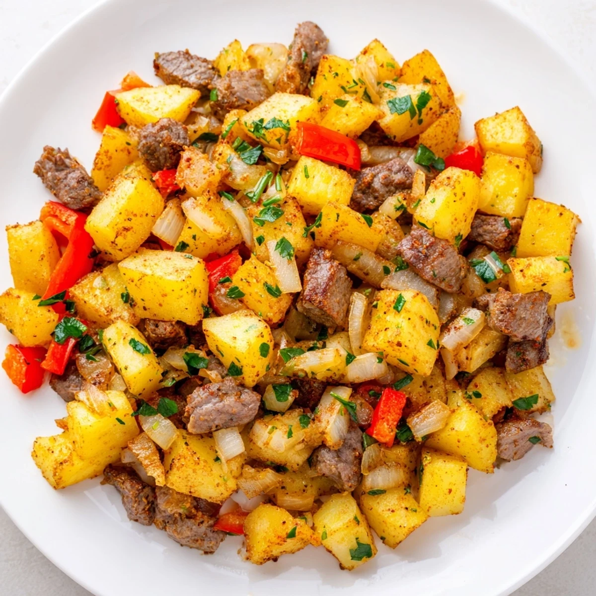 Steaming Beef Breakfast Hash with fluffy scrambled eggs, fresh parsley garnish, and rustic toast served on a cozy breakfast table.