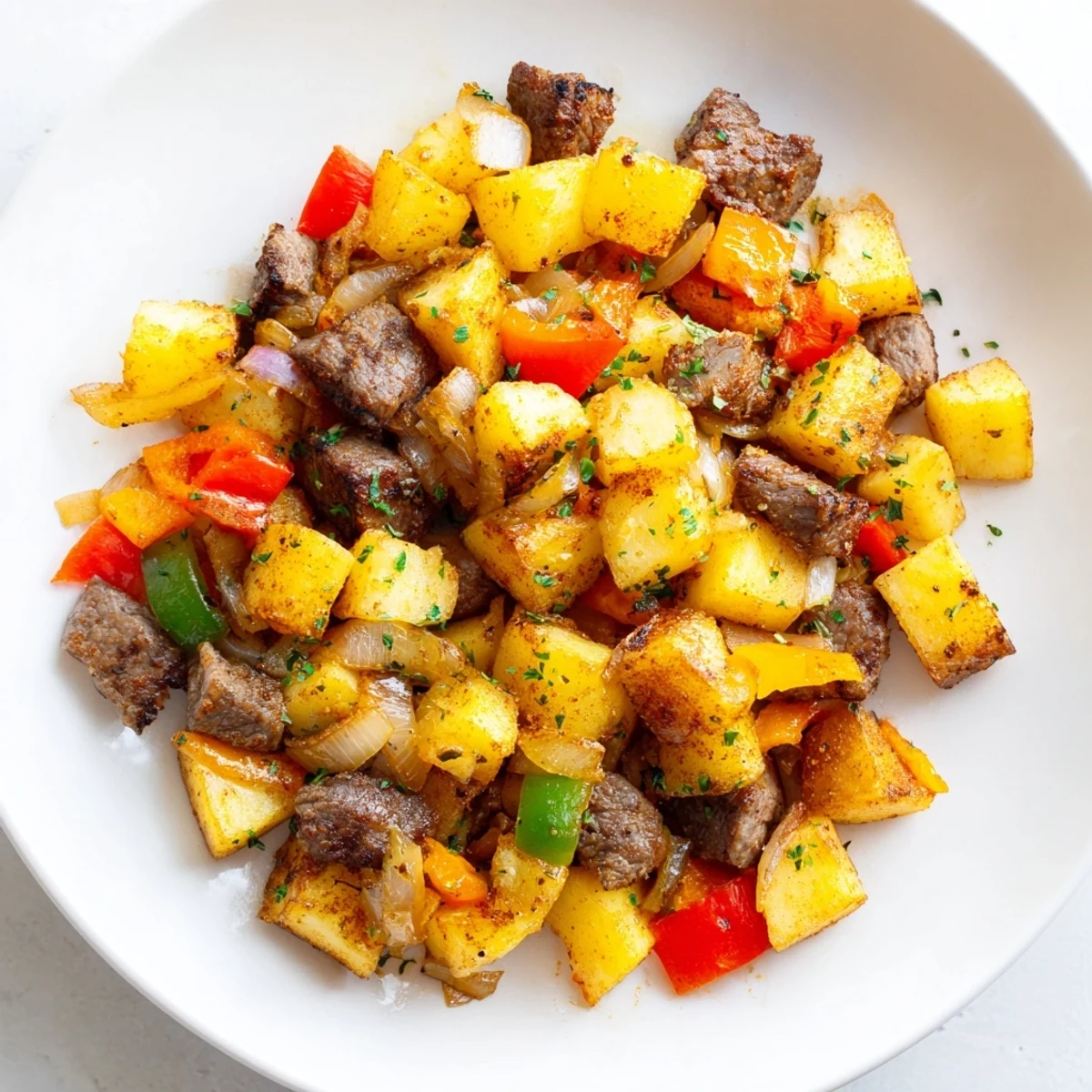 Skillet of savory Beef Breakfast Hash topped with sunny-side-up eggs, sautéed peppers, and onions for a satisfying gluten-free morning meal.