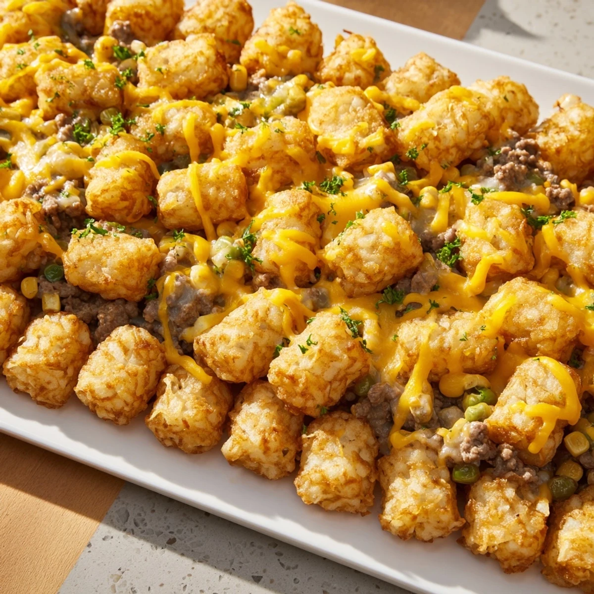 Fresh parsley garnishes this cheesy Super Bowl tater tot casserole with a savory ground beef filling.