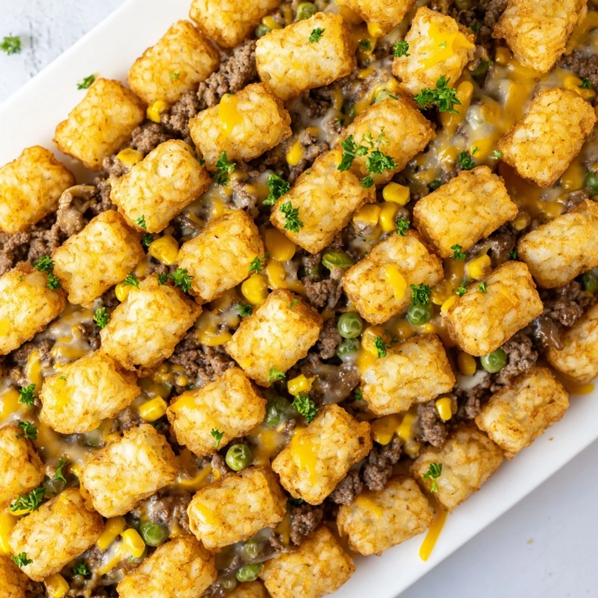 Bubbling cheese and golden tater tots top this hearty beef casserole, perfect for game day.