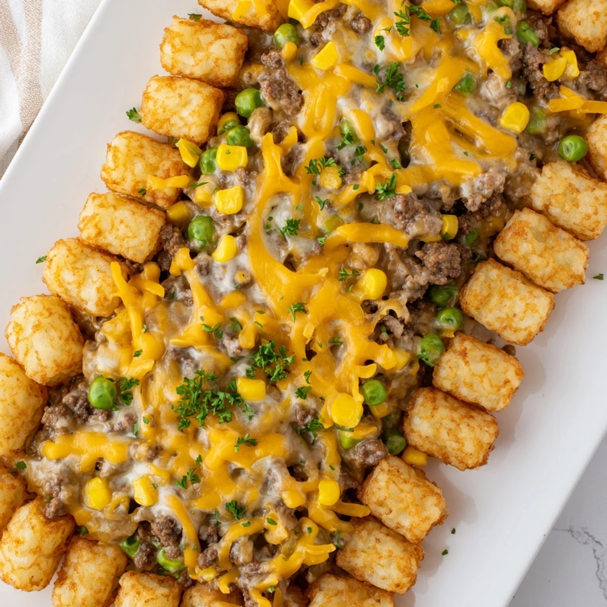 Golden, crispy tater tots cover a rich beef and corn filling, ready for the Super Bowl.