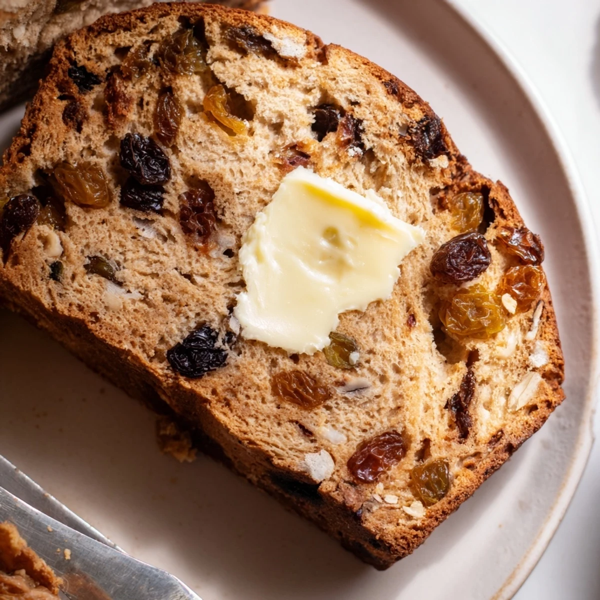Thick slices of Irish Barmbrack fruit bread spread with butter and jam on a cozy teacup-filled table.