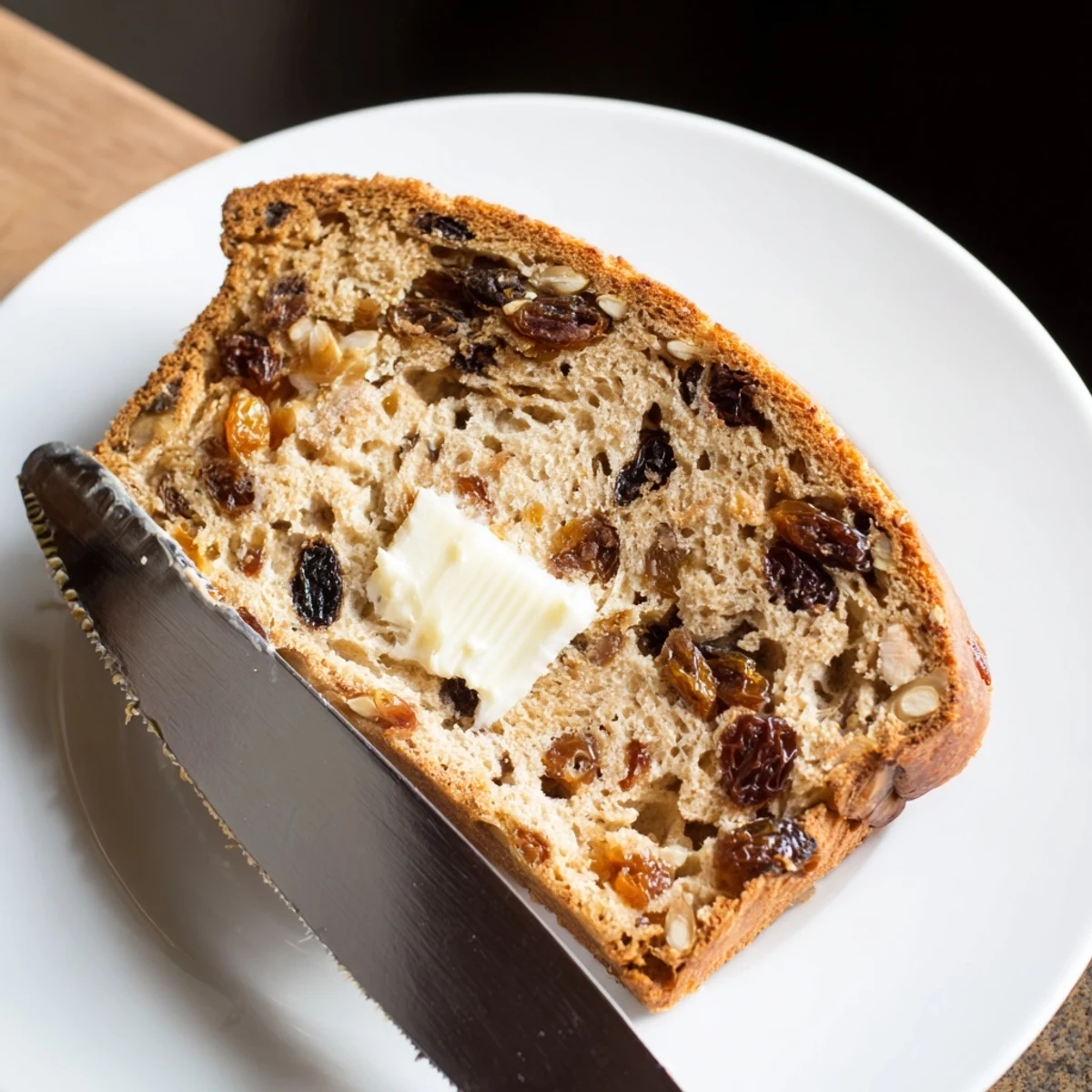 Freshly baked Irish Barmbrack fruit bread with tea-soaked raisins and spices sits sliced on a rustic board.