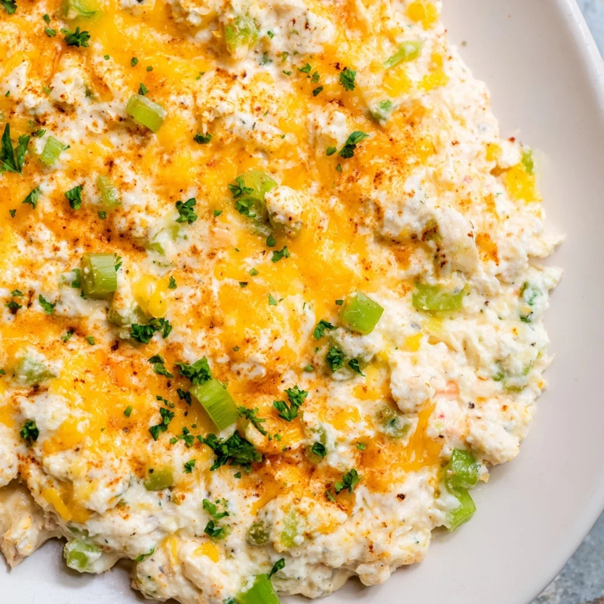 Golden, bubbly Cajun Crab Dip in a baking dish, garnished with fresh parsley and served with crisp crackers for dipping.