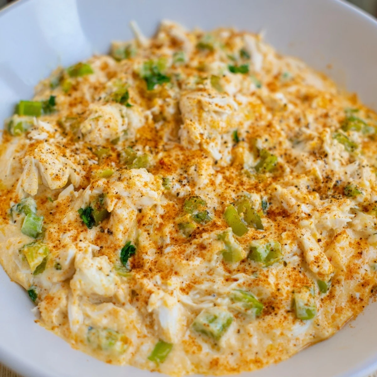 A bowl of creamy Cajun Crab Dip topped with melted cheddar and diced green bell pepper, ready to be scooped.